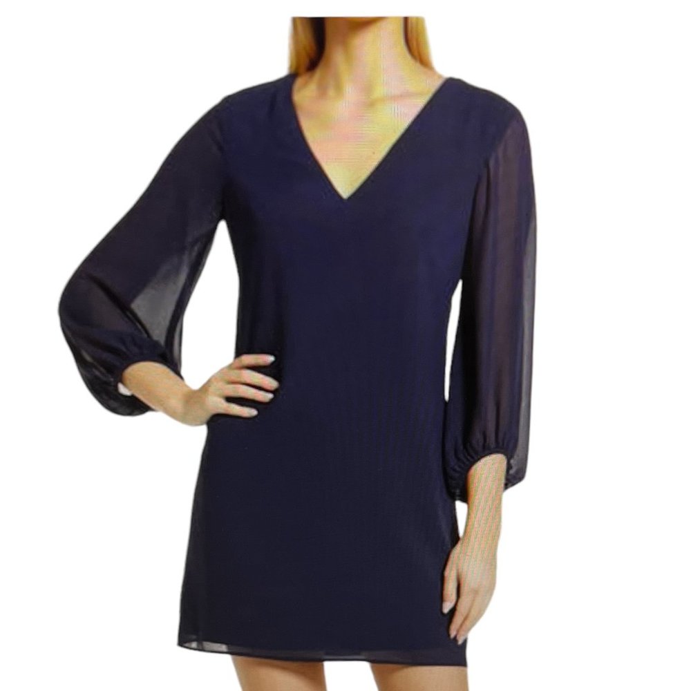 New Eliza J V-Neck Chiffon Long Sleeve Shift Dress Size 6 in Navy Blue